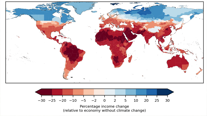 Image shows projected income changes in 2049 compared to an economy without climate change. Income changes are committed in the sense that they are caused by historical emissions. (Image: Kotz et al., Nature)